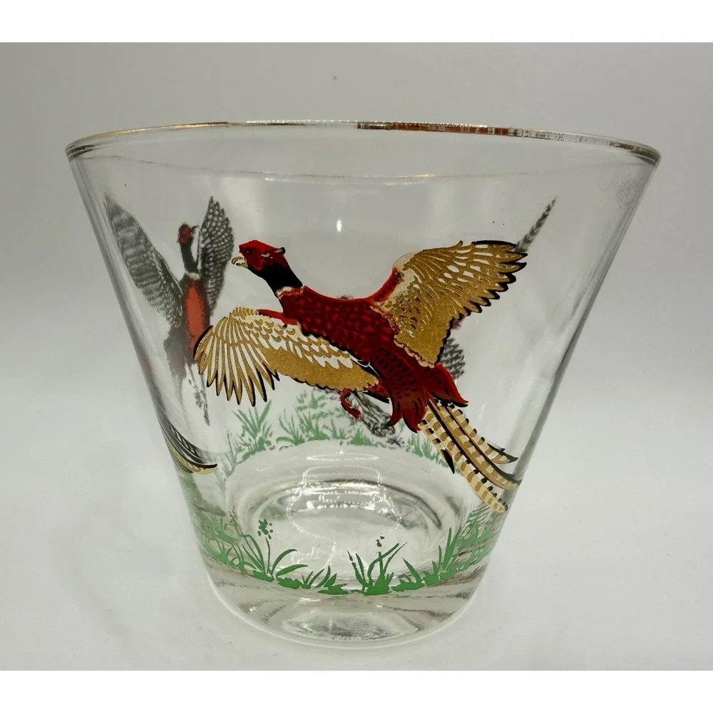 Ice Bucket Bowl Hazel Atlas Pheasant Glass Gold Trim Red Black Vintage MCM